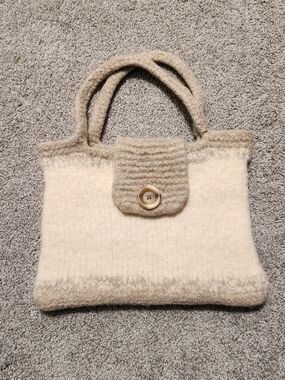 Hand Crafted Cream and Tan Felted Wool Tote with Button Flap